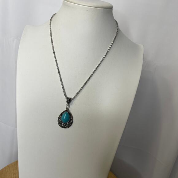silver tone pendant necklace with turquoise blue colored stone western boho - Picture 1 of 8